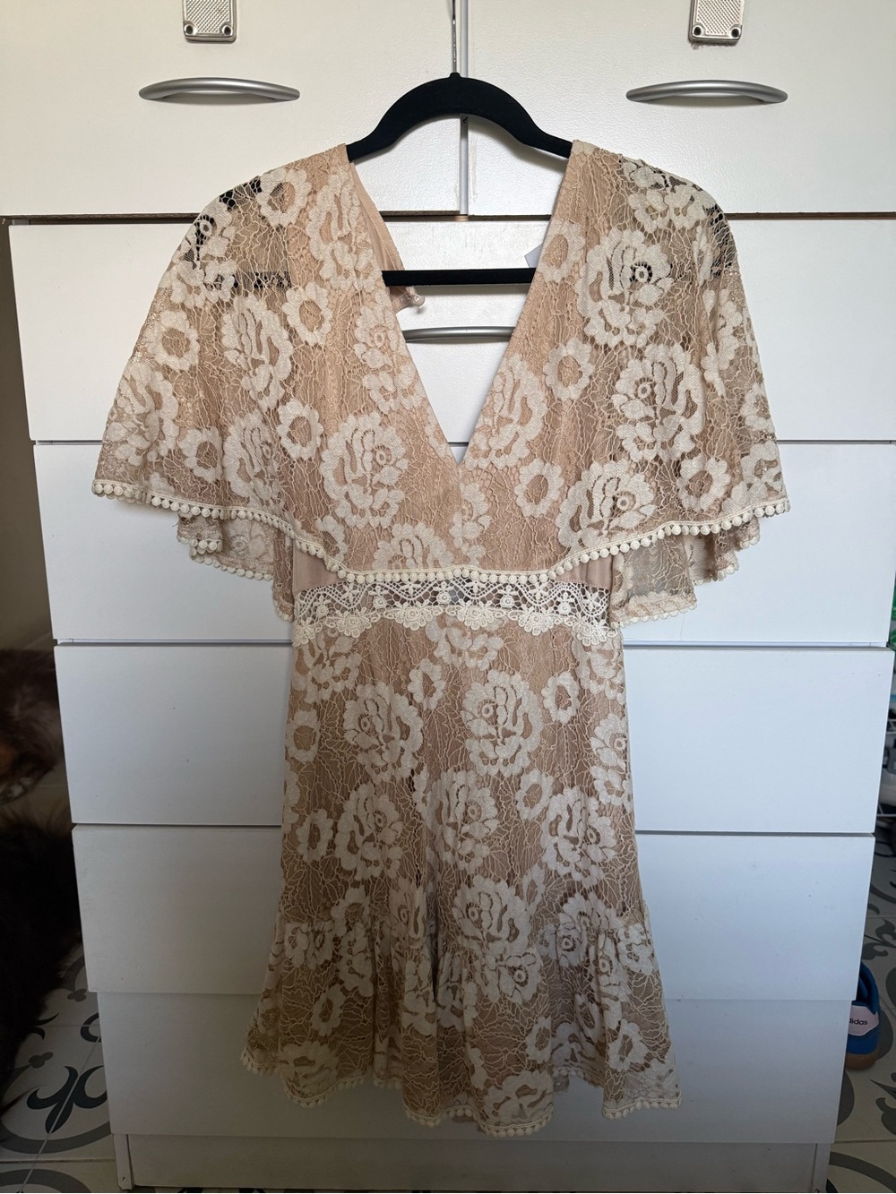 Selfie Leslie Beige Dress with Ivory Lace Overlay